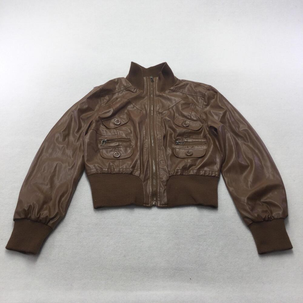Last Kiss Jacket Womens Medium Brown Faux Leather Bomber Pockets Ribbed Cuffs